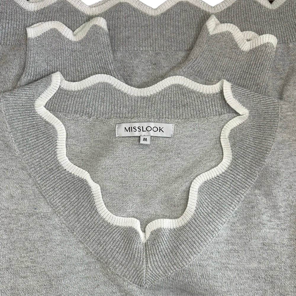 Knitted Wool Gray White Scalloped Neckline Pullover Sweater Misslook Medium - Picture 5 of 14